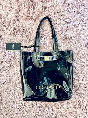 Ted Baker Black Patent Small Iconic Tote with Gold Logo and Bow